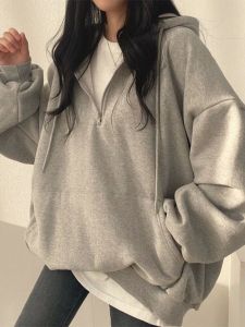 เสื้อสเวตเตอร์มีฮู้ดแบบสวมหัวสำหรับผู้หญิง ปกเปิดด้วยซิป เสื้อสเวตเตอร์คอวีแขนยาวทรงหลวมสไตล์สตรีท