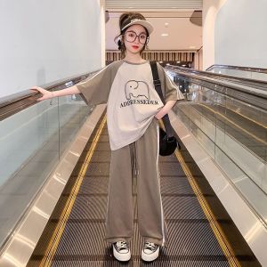 LS Show Kids Cotton Suit Long Pants Suit Short Sleeve Tshirt Top Age 3-15-year-old Size 120-170cm