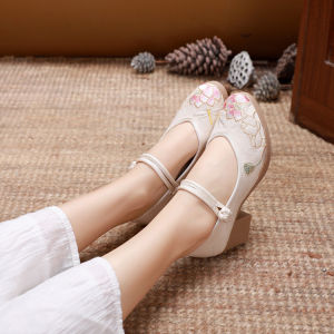 รองเท้าใส่กับชุดฮั่นฝูแบบใหม่รองเท้าปักลายสไตล์โบราณสำหรับผู้หญิงรองเท้าผ้าสไตล์ปักกิ่งแบบเก่ารองเท้าใส่ชงชาส้นสูงเพิ่มความสูงรองเท้าชั้นเดียวสไตล์จีน