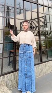 Rok Span Cargo Jeans Melar Nabila Rok Jumbo Wanita Full Kancing Stretch Bawahan Wanita Terbaru