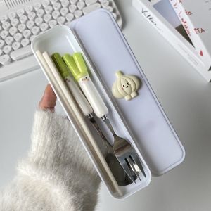 Cute Ins Portable Stainless Steel Chopsticks Spoon Fork Three-Piece Set High Aesthetic Value for Students Children Adults