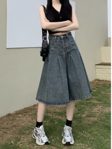 High Waist A- line Denim Skirt for Women Plus Size Spring and Summer Stylish Niche Style Ruched Retro Loose Casual Dress