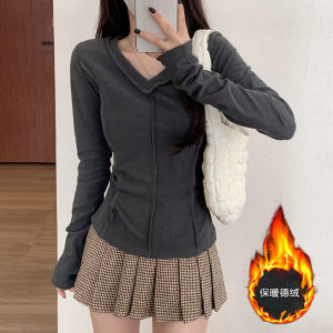 Retro Ins Bright Line Niche Design Finger Fit Design Long Sleeves T-shirt Womens Dralon Bottoming Shirt Autumn and Winter V-neck Silm Tops