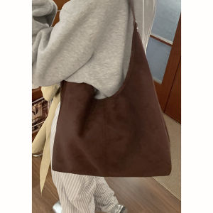 กระเป๋าสะพายไหล่แบบลำลองขนาดใหญ่ผ้ากำมะหยี่สไตล์ย้อนยุคสำหรับผู้หญิง กระเป๋าสะพายข้าง กระเป๋าถือทรงถุงหูตื้น ปิดด้วยซิป วัสดุอื่นๆ