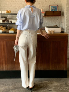 High Waist Straight Leg Comfortable Denim Jeans Side Slit Ankle-Length Casual Trousers for Women High Rise Slimming Effect