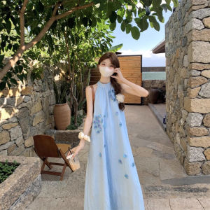 ชุดเดรสยาวผู้หญิงแขนกุดลายดอกไม้สไตล์ฝรั่งเศส ฤดูร้อนปี 2025 ชายหาด ชุดว่ายน้ำ ชุดไปงานวันเกิด เดรสยาวคลุมท้อง ผ้าโพลีเอสเตอร์