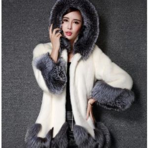 Mink Fur Jacket Mid-Length Hooded Splicing Fox Fur Coat Autumn Winter New Style Korean Style Long Sleeve Three Button Closure