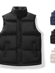 Áo Khoác Cotton Không Tay Cổ Đứng Ấm Áp Cho Nam Mùa Thu Đông Áo Khoác Cotton Đa Năng Thời Trang Trẻ Trung Màu Trơn