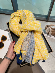 Leaf Pattern Silk Scarf Womens Summer Spring Autumn Lightweight Cotton Linen Shawl Beach Sunscreen Wrap Korean Style Tassel