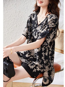 WANGGONGZHU | Summer New Style Womens Mid-Length Asymmetrical Slit Shirt Princess Style Floral Print Modified Cheongsam Top Korean Loose Fit