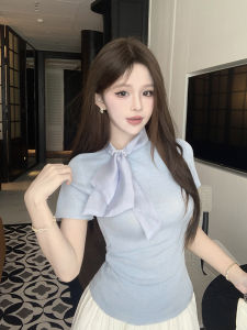 GUZILIAN | French Butterfly Knot Short Sleeve T-Shirt Women Summer Pure Desirable Unique Beautiful Small Top Korean Style Slim Fit