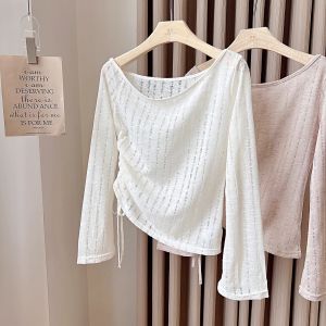 Korean Style Hollow out Shoulder Long Sleeve Womens T-Shirt Thin Drawstring Waist Slimming Top Trendy Autumn Commute Style