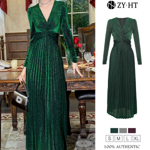 ZYHT EraVogue Women's Long Sleeve A-line Dress: Shiny Vintage Wedding Party French Style