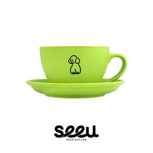 Seeu Green Coffee Set Enhanced Porcelain Cup Mat Tea Cup Latte Cup Simple Water Cup 300ml Set Korean Style Pure Color