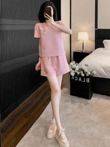 2024 Summer New Arrival Classic Style Slimming Youthful-Looking Western Style Fashion Casual Exercise Pink Short Sleeve Suit Pants Women