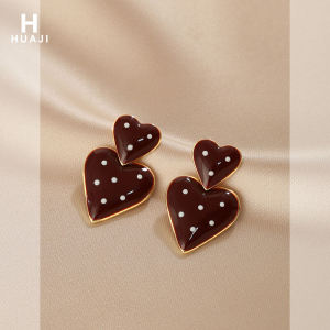 Festive Polka Dot Heart Shaped Earrings in Wine Red Color Drop Oil Ear Studs for Women Korean Style Alloy Jewelry