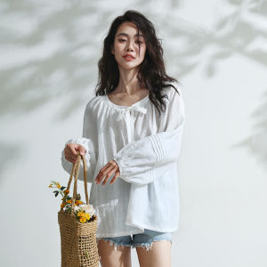 Miccbeirn | Pure Linen Long Sleeve T-Shirt With Ribbon Butterfly Knot Lantern Sleeve Versatile Simple Artistic Style Summer Fashion Top