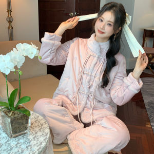 New Chinese Style Womens Sleepwear Winter Thickened Flannel Lined Home Clothes Set Luxury Long Sleeve Stand Collar Coat And Pants