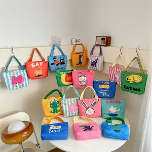 Korean Style Cartoon Mini Handheld Canvas Bag Printed Storage Pouch Mobile Phone Bag Youth Casual Crossbody Square Bag