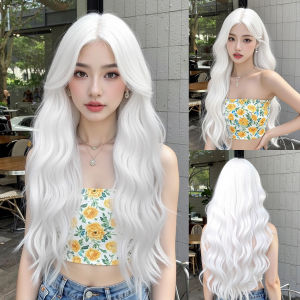 Super Long Curly Silver White Synthetic Wig Medium Part Water Wave Wigs For Women Daily Cosplay Halloween Colorfull Fake Hair