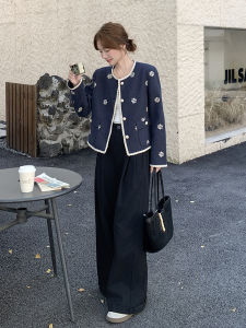 Retro Embroidery Design Short Coat Womens Fashion Loose Fit Polyester Fabric Dark Blue Color Cold Tone Unique Style Top