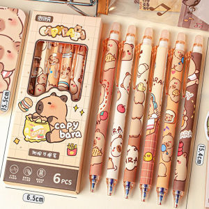 Capybara Erasable Pens 6pcs Refillable Ink Gel Pen Smudge-Free Cute Animal School Supplies for Students Office Stationery Gifts