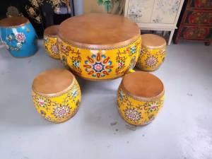 Ming-Qing Period Solid Wood Chinese Creative Cowhide Drum Stool Retro Vintage Hand Painting Distressed round Stool Customizable