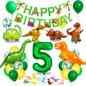 Dinosaur Birthday Party Supplies for Kids Age 2-6 Foil Balloons Set with Banner Cake Topper Decorations Kit (Boys & Girls)