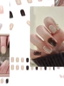 24pcs/set Short square fake nails for women girls Sparkling glitters with nude brown golden glossy nail tips press on false nail