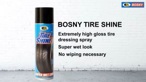 BOSNY สเปรย์เคลือบเงายาง No.B118 TIRE SHINE - เพิ่มความมันเงาให้ยางดูใหม่, ทนต่อการชะล้าง, ปกป้องผิวยางไม่แตกแห้ง, ใช้กับยางทุกชนิด, ไม่ต้องใช้ผ้าเช็ดถู, ล้างน้ำคราบฝุ่นได้ง่าย