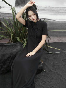 New Chinese Style Stand Collar Long Dress Womens Summer Knitted Fringed Slim Fit Dress Vintage Polyurethane Elastic Fiber