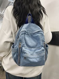 Retro Style Denim Washed Womens Backpack Versatile Student Bookbag Lazy Style Computer Bag Soft Shoulder Straps Zip Closure