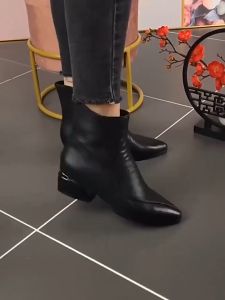 Size 35-40 4cm Women's Fashion Soft Sole Thick Heel Leather Shoes Comfortable Mid Heel Short Boots