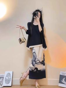 Ice Silk Gradient Ombre Half Skirt Womens Summer New Chinese Style Ancient Rhythm Pleated One-Piece Beach Gauzy Skirt