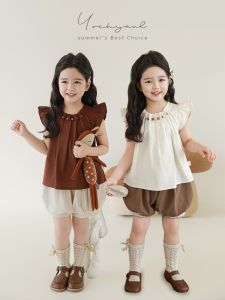 Áo Sơ Mi Cotton Pha Trộn Mùa Hè Cho Bé Gái Tay Lửng Cổ Bẻ Xếp Ly Màu Sắc Tươi Mới Thời Trang Trẻ Em