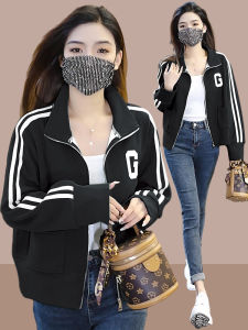 แจ็คเก็ตเบสบอลซิปสั้นสำหรับผู้หญิง แฟชั่นฤดูใบไม้ผลิและฤดูใบไม้ร่วง เอวสูง ทรงหลวม แขนยาว สีพื้น