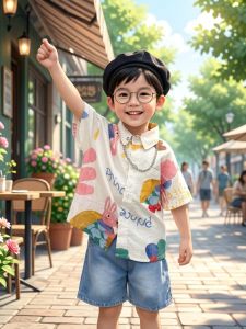Stylish Cartoon Print Vintage Harbor Style Childrens Shirt