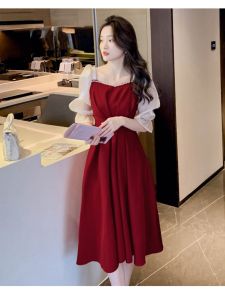 Hebe Style Vintage Square Collar Dress Elegant Midi Length Bubble Sleeve Wedding Dinner Party French Retro Dress for Women