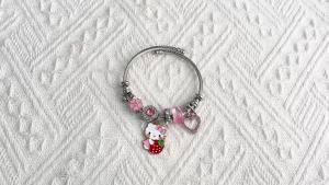 Sanrio | Cute Hello Kitty Charm Bangle Zinc Alloy with Strawberry Flower & Heart Crystal Charms Adjustable Wire Bracelet for Girls