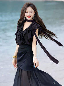 Ruffle Flounce Sleeve Chiffon Ladylike Blouse V-Neck Tie Top