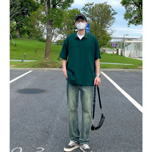 Cotton Polo Shirt Mens Summer Style Casual Turn-down Collar Short Sleeve Heavyweight Pure Green Shirt Fashionable Youthwear