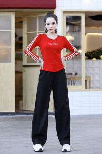Spring Autumn Pure Cotton T-Shirt And Wide Leg Pants Two-Piece Set Gymnastics Square Dancing Fitness Exercise Womens Outfit
