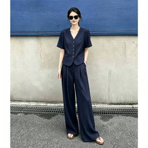 LIANGYILAILIN | Luxurious Laid-back Womens Suit Sleeveless Blazer High-waisted Wide Pants