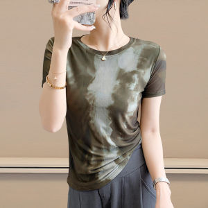 Yimei Áo thun lưới hoa định vị hoài cổ thời trang mùa hè 2025 Châu Âu tay ngắn cổ tròn Cà Vạt mỏng nhuộm hàng đầu hợp thời trang