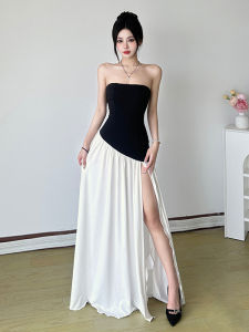 Rockmore Hepburn Style Black Color Block Strapless Asymmetrical Maxi Dress Elegant Neckline Holiday Long Dress Women