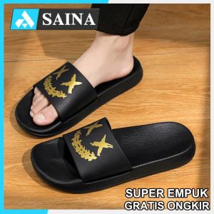 Sandal Pria Keren Motif Hitam Terbaru Casual EVA Empuk Sendal Pria Cowok Kekinian Slop Casual Karet Anti Slip