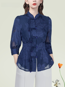 Chiffon Shirt Womens Three-Quarter Sleeve Button-Up Stand Collar Traditional Chinese Style Summer Top Original Design Polyester Fiber