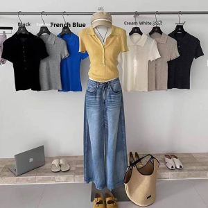 YUEZHONGWEI | American Style Shoulder Grey Polo Neck Ice Silk Knitted Short Sleeve T Shirt Women Summer Slimming Short Flip Collar Top