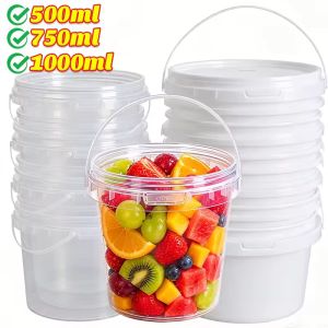 500ML-1000ML Handle Empty Plastic Bucket with Lid Clear Airtight Jars Container for Bulk Food Storage