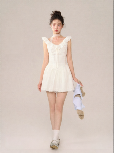 Original White Lace Sweet Short Sleeve Waist-accentuating Fluffy Camisole Dress